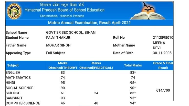 सिराज : बिहणी स्कूल की पल्लवी ने 10 वीं कक्षा में किये 614 अंक प्राप्त ,क्षेत्र में खुशी की लहर