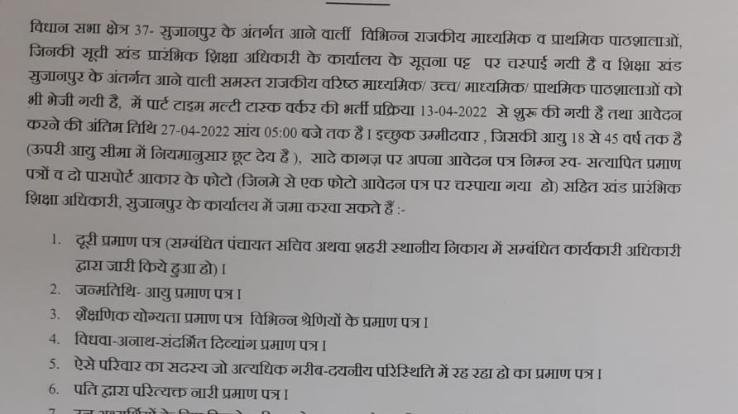 Sujanpur: Recruitment process of multi task worker will start from April 13