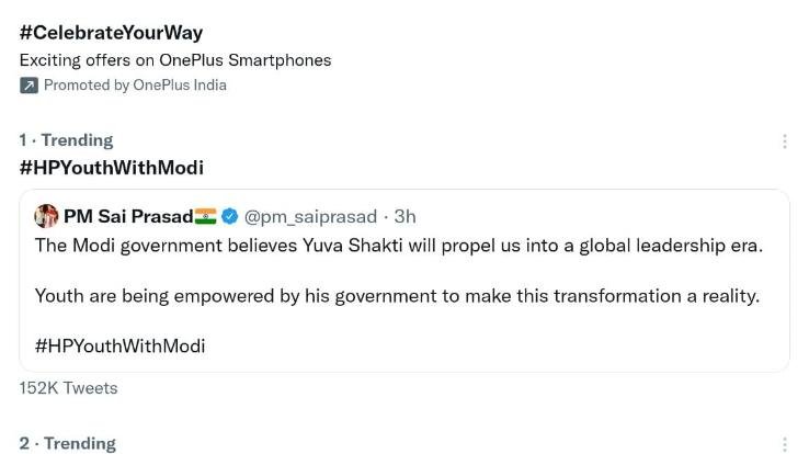 Shimla: BJP's social media Twitter trend #HPYouthWithModi number one in the country: BJP