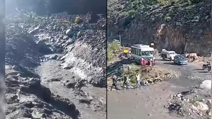 Flash flood in Udaipur, Himachal, road washed away, vehicles and people stranded