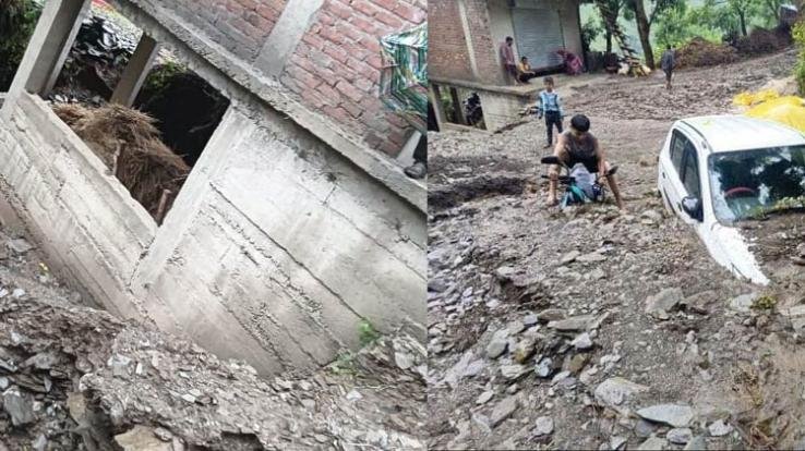 Mandi: Car and bike buried due to flood in drain of Saraj area, house damaged