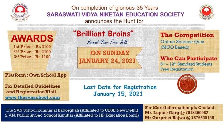 Saraswati Vidya Niketan is organizing brain quiz competition